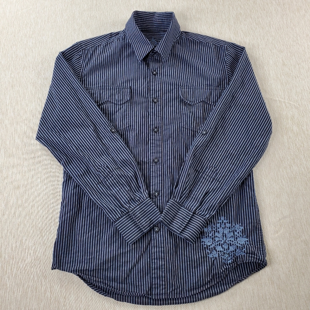 7 Diamonds Men's Small Embroidered Roll Tab Sleeve Black & Gray Striped Shirt